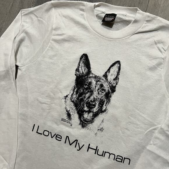 VTG German Shepherd T Shirt White Long Sleeve 90s "I Love My Human" Dog Puppy M - Picture 3 of 5